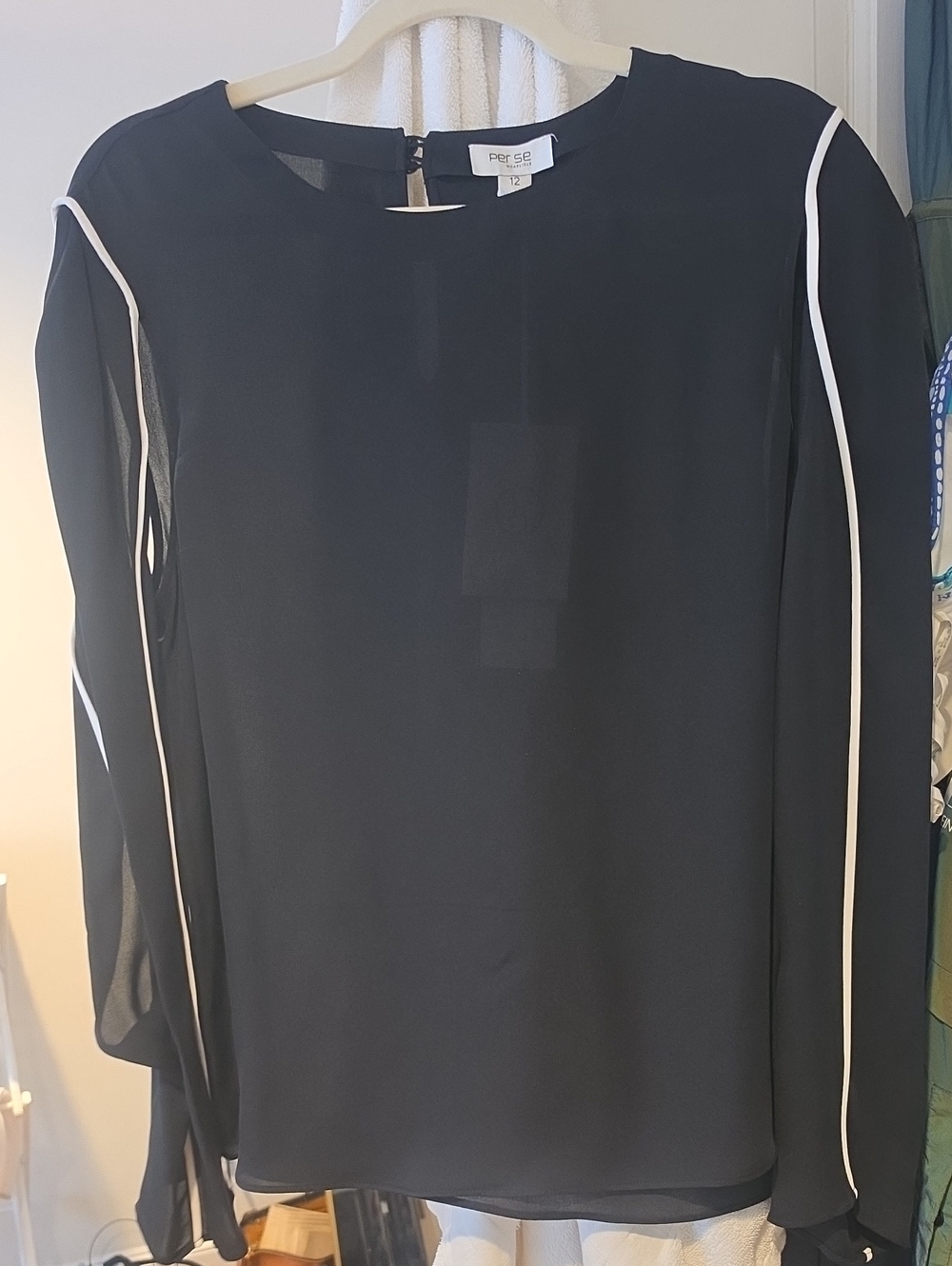 Per Se Black 100% Silk Blouse with White Trim